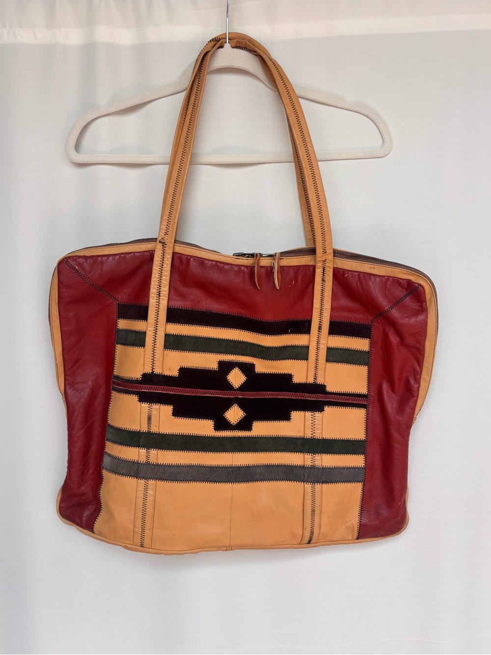 Vintage Carnit Israel Leather Tote Bag Patchwork Southwest Boho Rare Big travel